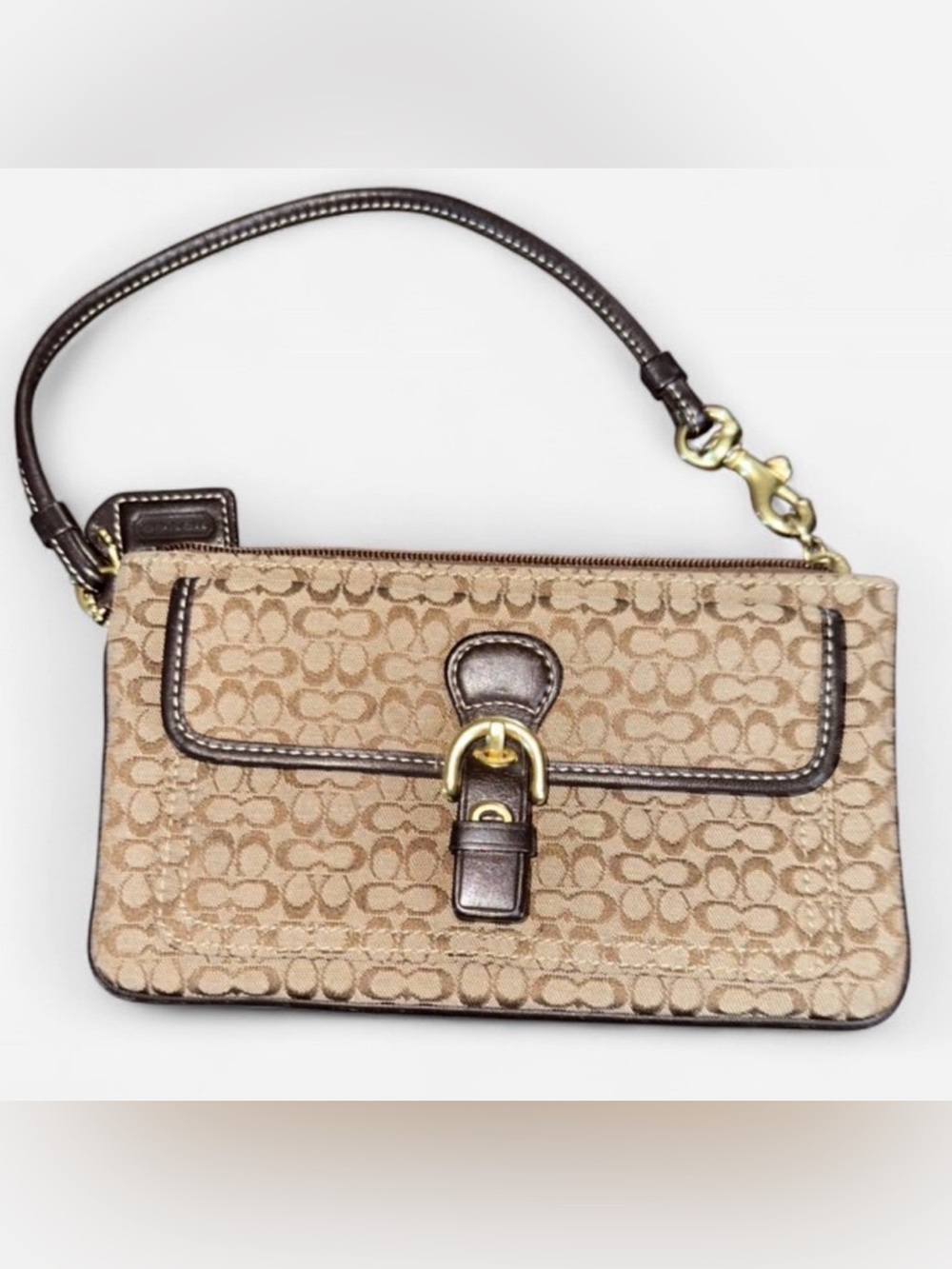 Coach Beige Signature Jacquard Wristlet with Dark Brown Leather Trim
